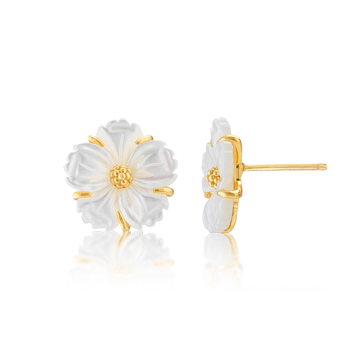 Juliska Capucine De Wulf's Mermaid Garden Petite Stud Earrings feature delicate white floral studs with gold centers and outlines—botanical-inspired jewelry that adds elegance to any occasion. Shown against a white background.