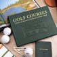 A green hardcover book titled “Golf Courses: Fairways of the World” featuring spectacular golf course photography is surrounded by golf balls, wooden tees, a scorecard, and a notebook on a wooden desk.