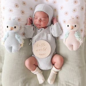 A newborn baby in a gray outfit and bonnet lies on a blanket, flanked by two heirloom-quality hand-knit Cuddle + Kind animals—including the Mauve Parrot - Baby 7"—with a round wooden "hello world" sign resting on the baby's chest.