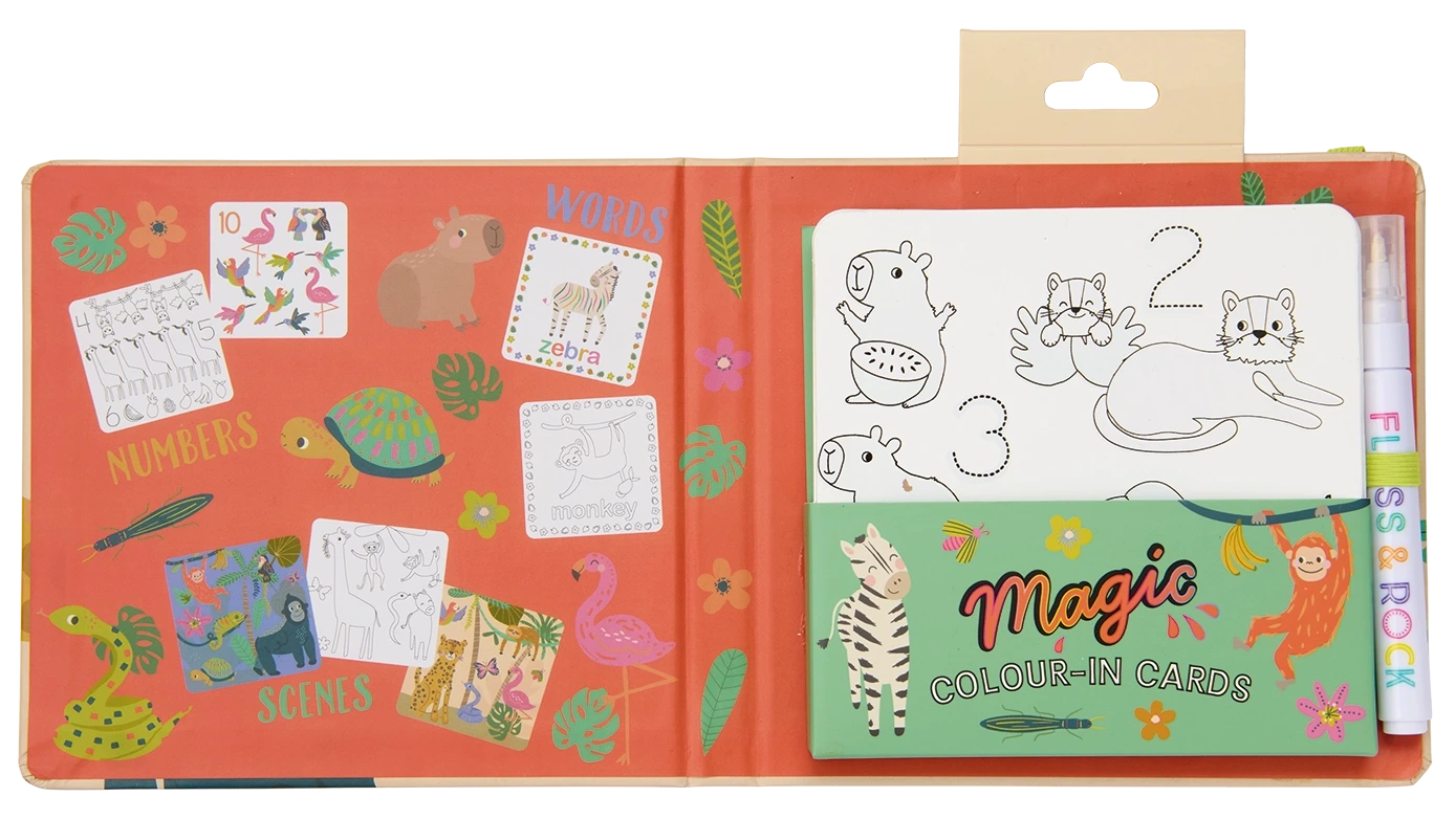 An open Jungle Water Pen & Cards set by Floss and Rock displays animal stickers, labeled sections for numbers, words, and scenes, and a set of reusable color-in cards with a magic water pen tucked into a pocket labeled “Magic Colour-In Cards.” Perfect as a travel toy, this set also features color-changing water cards that add extra fun to every adventure.