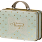 A Maileg Angel Mouse in Suitcase with a lace heart design and the words "Guardian angels" written across it, surrounded by small golden stars.