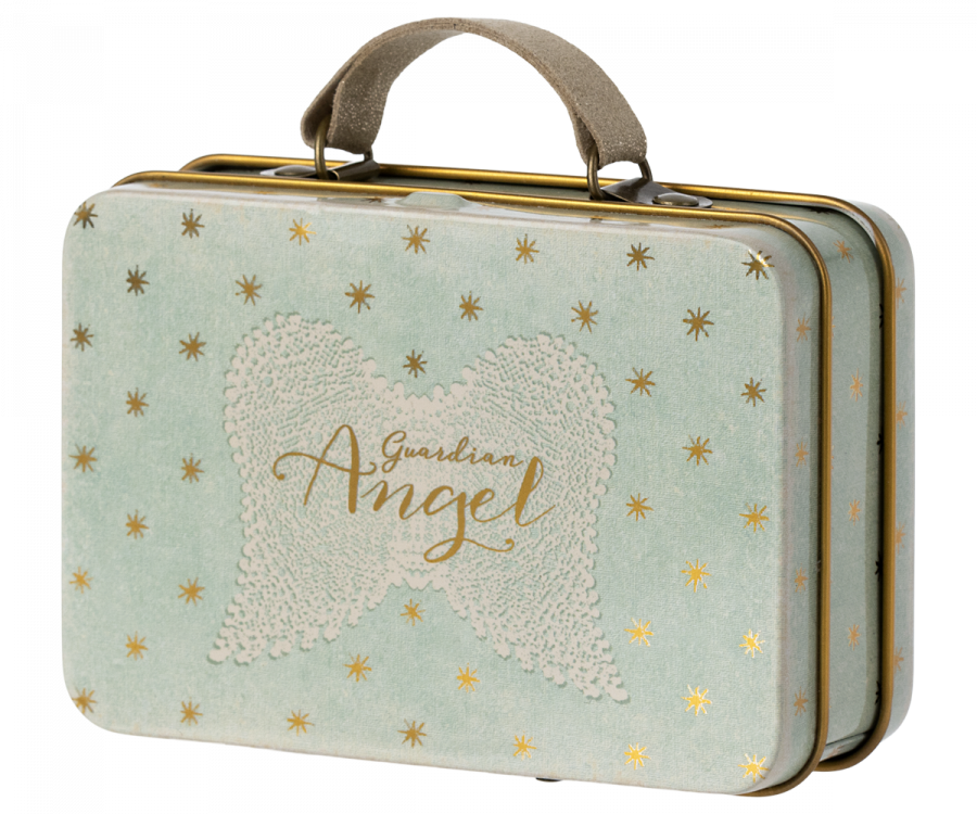 A Maileg Angel Mouse in Suitcase with a lace heart design and the words "Guardian angels" written across it, surrounded by small golden stars.