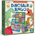 The Eeboo Dinosaur Bingo game features illustrated prehistoric dinosaurs, game boards, tiles, and instructions for learning dinosaur names, all in a colorful box with fun accessories.