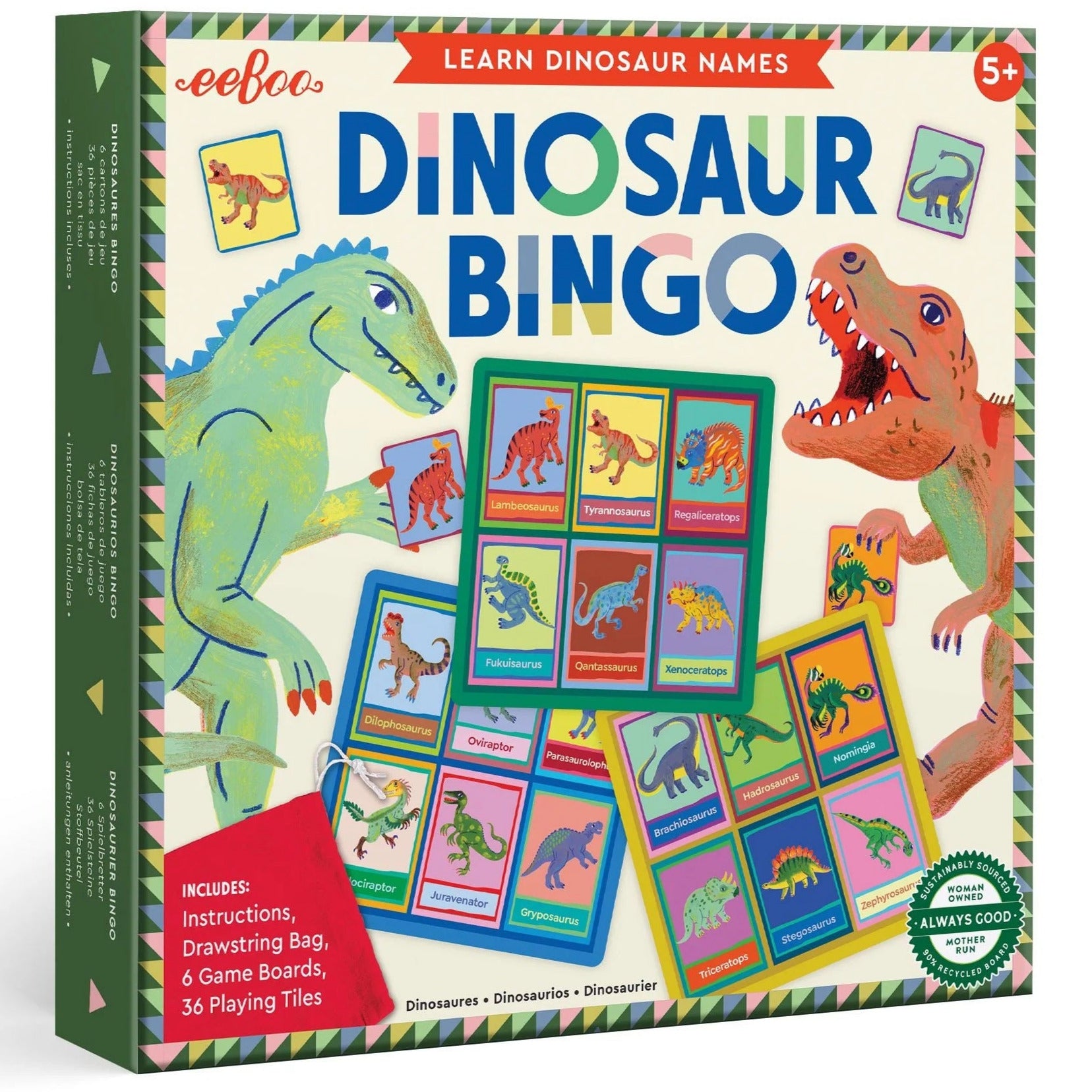 The Eeboo Dinosaur Bingo game features illustrated prehistoric dinosaurs, game boards, tiles, and instructions for learning dinosaur names, all in a colorful box with fun accessories.