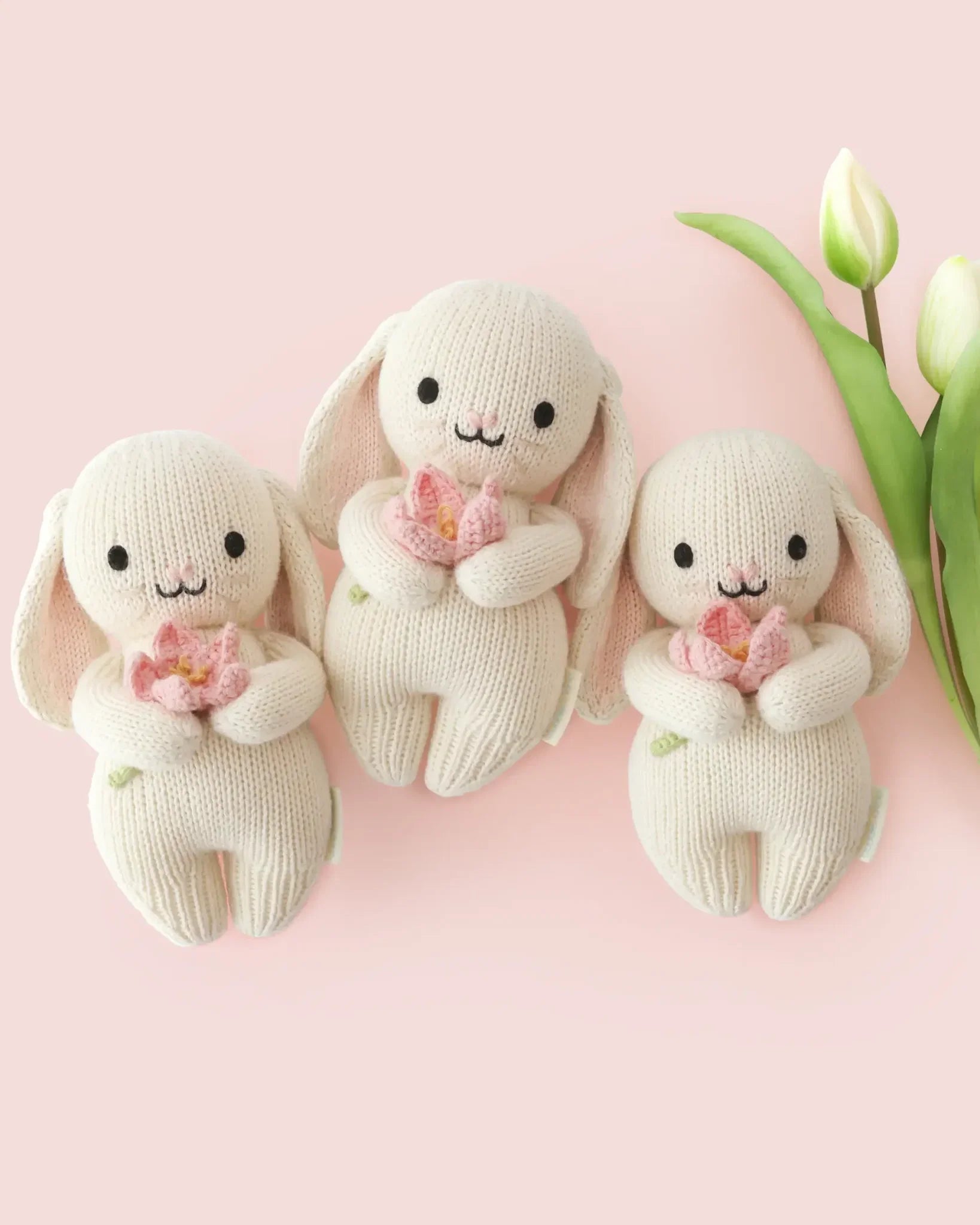 Three Cuddle + Kind “Baby Bunny - Blooming Tulip” plush toys, lovingly hand-knit from cotton yarn in a soft cream hue and each holding a pink flower, are arranged beside two white tulips on a pale pink background—a charming heirloom-quality collection of baby animal companions.