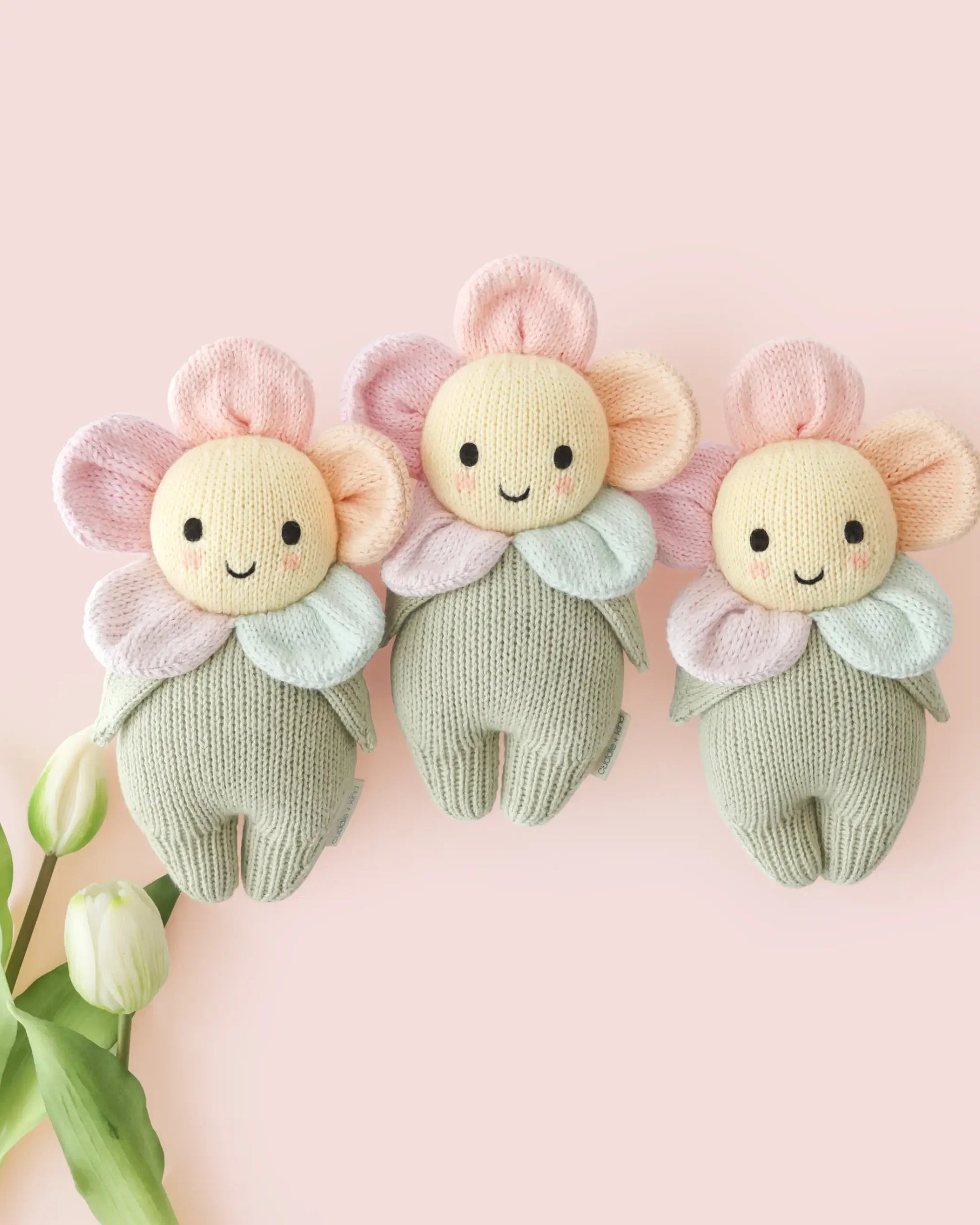 Three Cuddle + Kind Baby Daisy – Sunshower knitted plush dolls with pastel flower faces and green bodies are arranged side by side on a light pink background next to two white tulips—each one a soft baby companion perfect for snuggles and treasured moments.