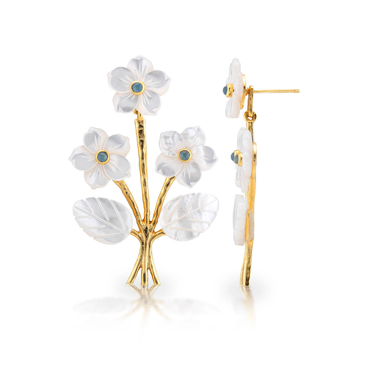 The Juliska Capucine De Wulf Mermaid Garden Convertible Bouquet Post Earrings feature elegant floral studs with white petals, blue centers, and white leaves, beautifully displayed from the front and side.
