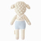 Benjamin the Lamb - Little 13" by Cuddle + Kind is a knitted plush toy resembling a sheep, dressed in light blue overalls with white straps and shown from the back against a plain white background—an adorable stuffed animal and perfect gift for kids.