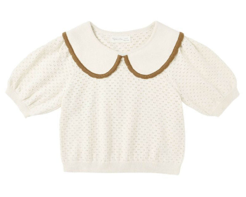 The Rylee & Cru Girls' Pointelle Collared Top features a vintage-inspired cream knit, short puff sleeves, and a wide scalloped crochet lace collar with brown trim.