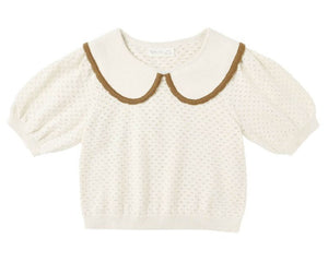 The Rylee & Cru Girls' Pointelle Collared Top features a vintage-inspired cream knit, short puff sleeves, and a wide scalloped crochet lace collar with brown trim.