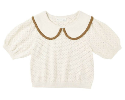 The Rylee & Cru Girls' Pointelle Collared Top features a vintage-inspired cream knit, short puff sleeves, and a wide scalloped crochet lace collar with brown trim.