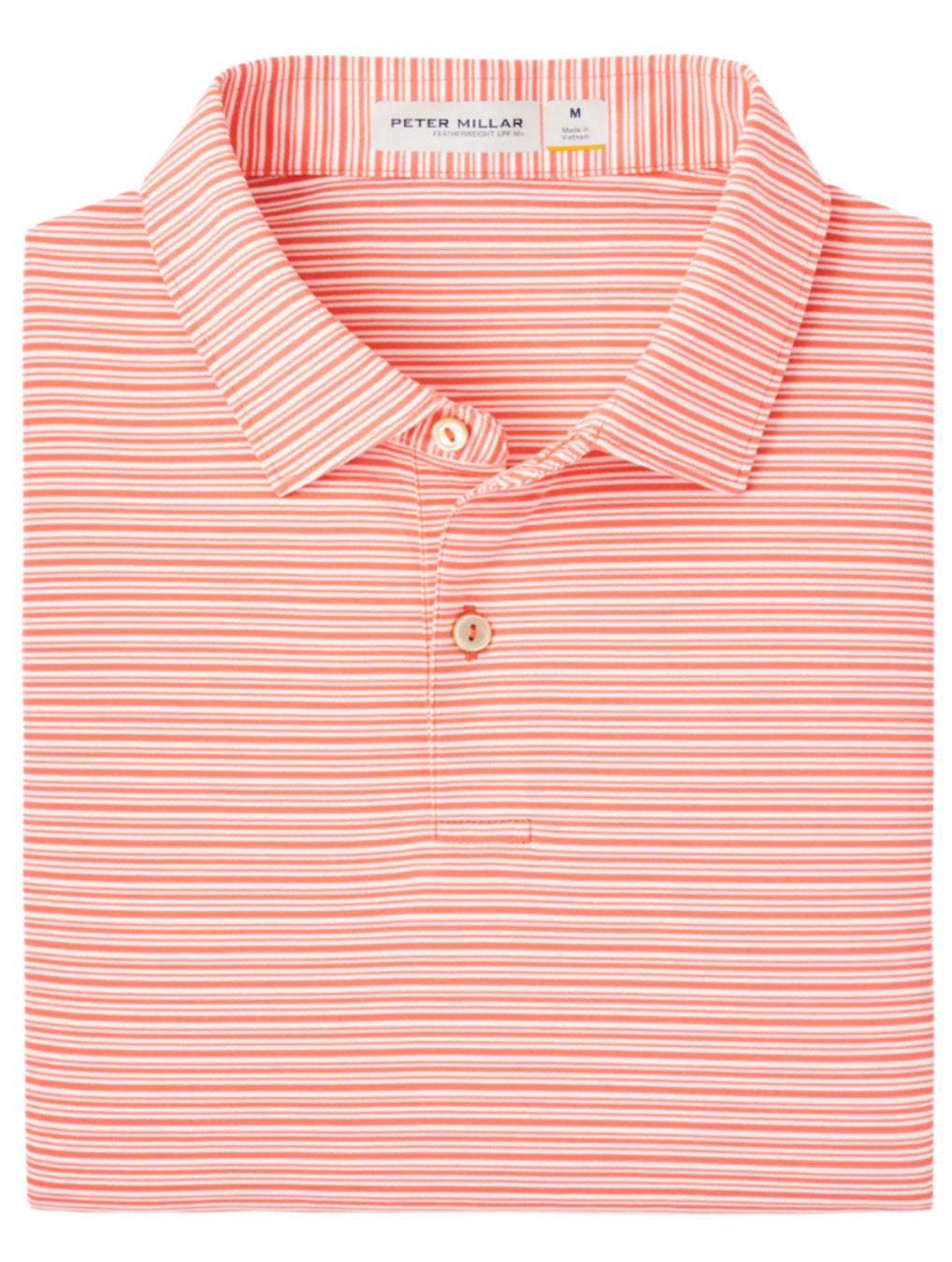 The Featherweight Payne Stripe Polo by Peter Millar is a folded orange and white striped polo shirt with a collar and buttons, made from performance fabric. It offers UPF 50+ sun protection, perfect for all-day wear.