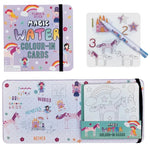 The Fairy Unicorn Water Pen and Cards by Floss and Rock is a pastel-hued, reusable magic water coloring book for kids, featuring open pages with water-activated coloring cards, a water pen, and whimsical unicorn and rainbow illustrations—an enchanting gift for children who love magic water cards.