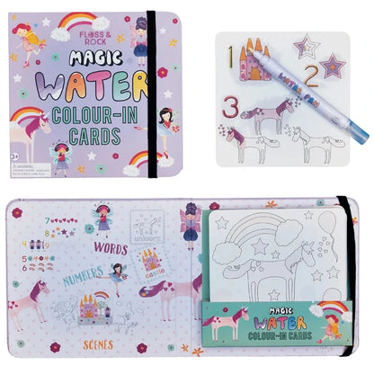The Fairy Unicorn Water Pen and Cards by Floss and Rock is a pastel-hued, reusable magic water coloring book for kids, featuring open pages with water-activated coloring cards, a water pen, and whimsical unicorn and rainbow illustrations—an enchanting gift for children who love magic water cards.