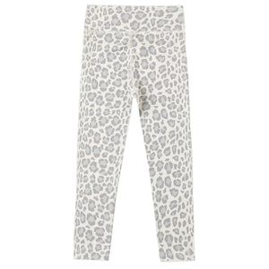 Girls’ Basic Legging by Rylee & Cru, featuring a grey leopard print pattern and displayed flat against a plain background to highlight their full length and stylish design—perfect for adding a touch of class to your child’s everyday wardrobe.