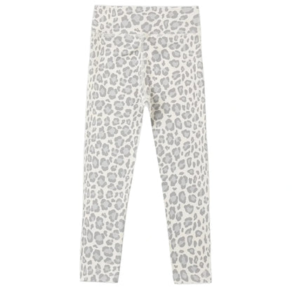 Girls’ Basic Legging by Rylee & Cru, featuring a grey leopard print pattern and displayed flat against a plain background to highlight their full length and stylish design—perfect for adding a touch of class to your child’s everyday wardrobe.