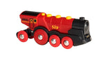 The Mighty Red Action Locomotive, a red and black toy train, is shown on a white background.