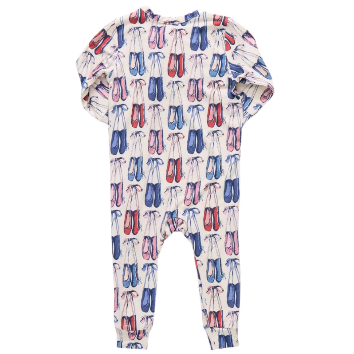 The Pink Chicken Baby Girls' Ruffle Bamboo Romper features long sleeves and a cute pink and blue ballet slippers print on a white background.