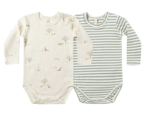 The Quincy Mae Baby Jersey Bodysuit, 2-Pack includes two soft organic long-sleeve bodysuits: one with a cream nature animal print and one with green and white stripes.