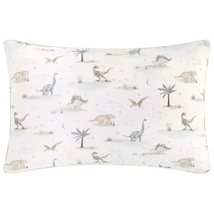 The Dino Dreams Toddler Pillow with Insert by Gooselings, decorated with a dinosaur motif, transforms your child's room into a dream haven. Featuring dinosaurs, trees, and clouds in soothing colors, it sparks imagination and provides comfort.
