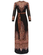 The Ascent Sheath Dress by Zimmermann is a long-sleeved black silk-linen organza maxi with brown and beige paisley print and a matching waist belt.