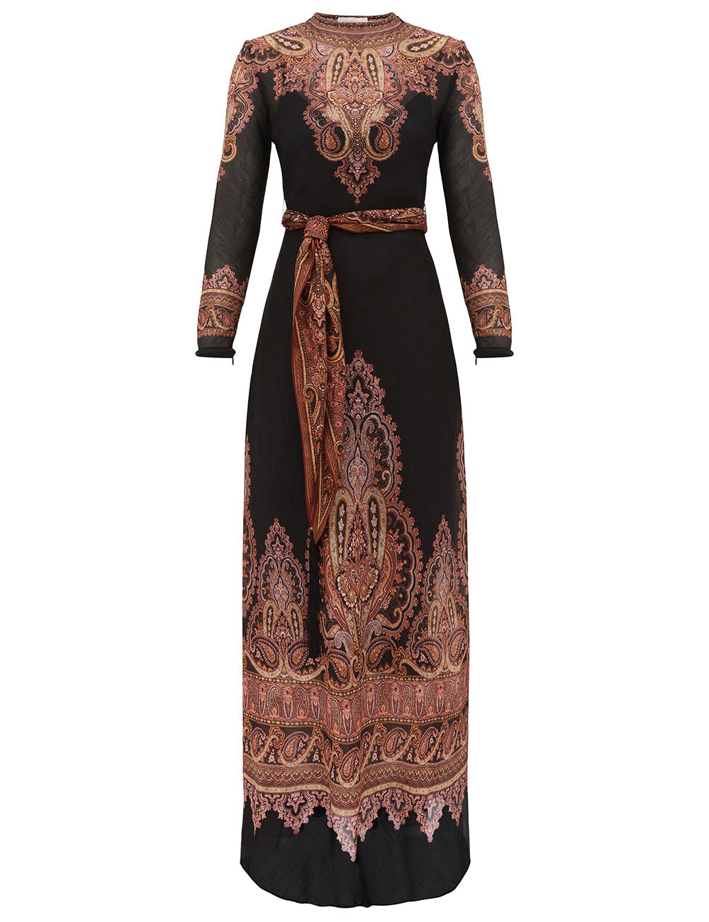 The Ascent Sheath Dress by Zimmermann is a long-sleeved black silk-linen organza maxi with brown and beige paisley print and a matching waist belt.