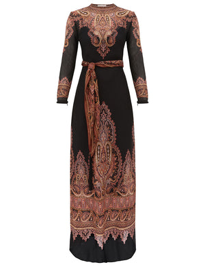 The Ascent Sheath Dress by Zimmermann is a long-sleeved black silk-linen organza maxi with brown and beige paisley print and a matching waist belt.