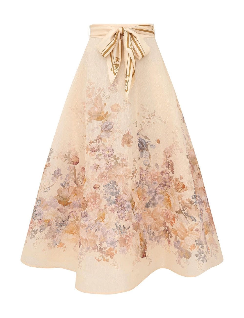 The Ascent Circle Midi Skirt by Zimmermann features a cream floral print and a wide striped bow at the high-rise waist from the Fall 2026 Collection.