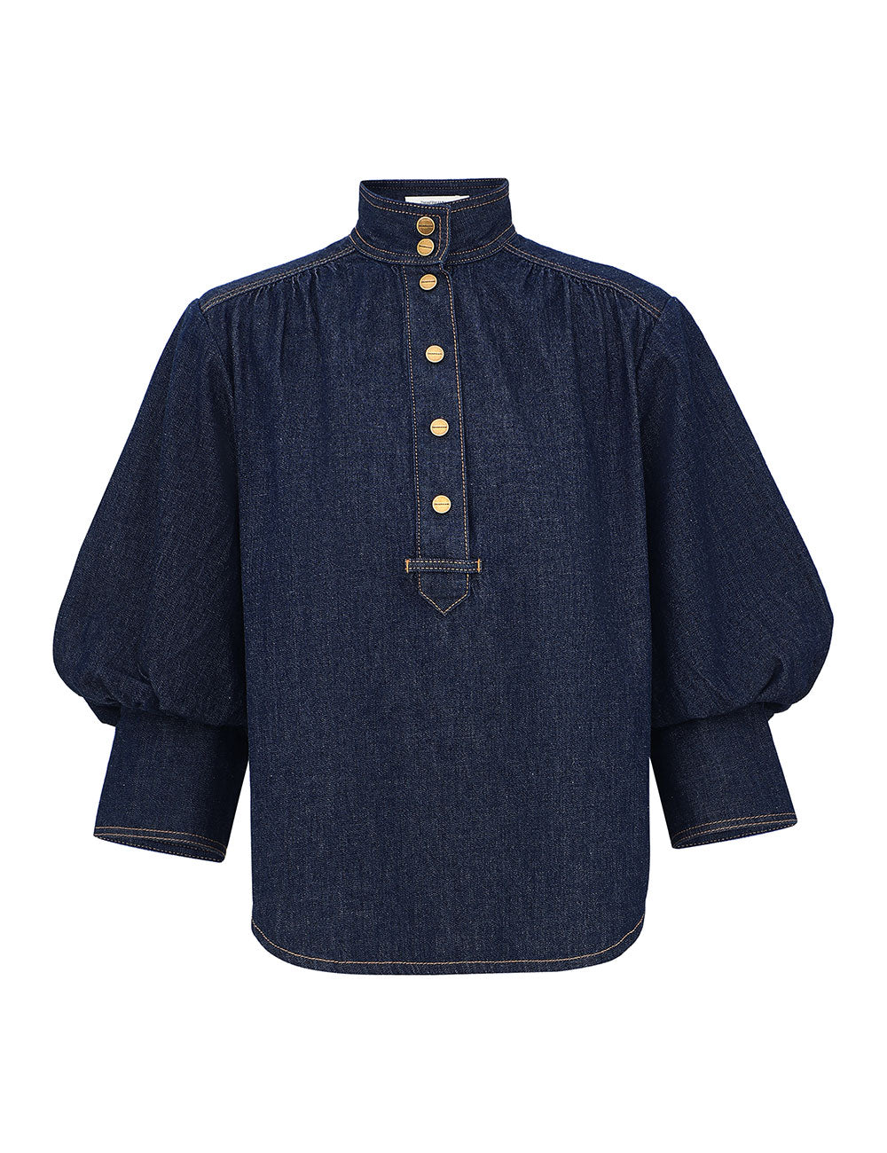 Zimmermann Denim Billow shirt in Harbour Blue with a high collar, gold-tone front buttons, and voluminous sleeves with wide cuffs.
