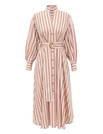 The Valiant Tuck Midi Dress by Zimmermann features long sleeves, vertical beige and red stripes, a button-down front, belted waist, and a stand collar.