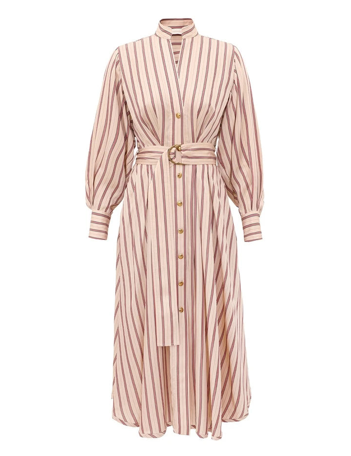 The Valiant Tuck Midi Dress by Zimmermann features long sleeves, vertical beige and red stripes, a button-down front, belted waist, and a stand collar.