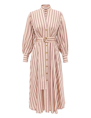 The Valiant Tuck Midi Dress by Zimmermann features long sleeves, vertical beige and red stripes, a button-down front, belted waist, and a stand collar.
