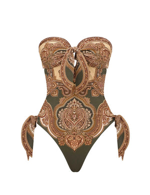 Zimmermann Mahon Scarf Tie One Piece features a strapless olive paisley print, front keyhole cutout, and side tie details, shown on a plain white background.