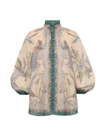 Zimmermann Indra Billow Blouse: off-white, long sleeves, puffed shoulders, floral embroidery, green trim, and front buttons.