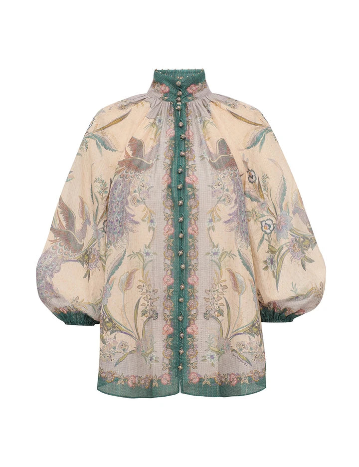 Zimmermann Indra Billow Blouse: off-white, long sleeves, puffed shoulders, floral embroidery, green trim, and front buttons.