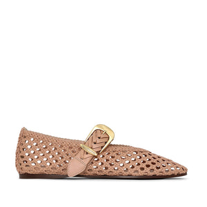 Zimmermann Alchemy Ballerina: light brown leather flat with braided weaving, pointed toe, gold hardware buckle, no visible heel on a white background.