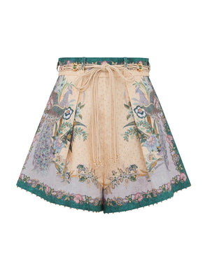 Zimmermann Indra Tuck Short: high-waisted linen with peacock/floral print, lace-up front ties, flared silhouette, and green trim—ideal for Summer Swim 2026.