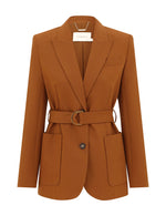 Zimmermann’s Valiant Wool Belted Blazer features notch lapels, front pockets, a single button closure, and a fabric belt with metal buckle for an elevated classic look.