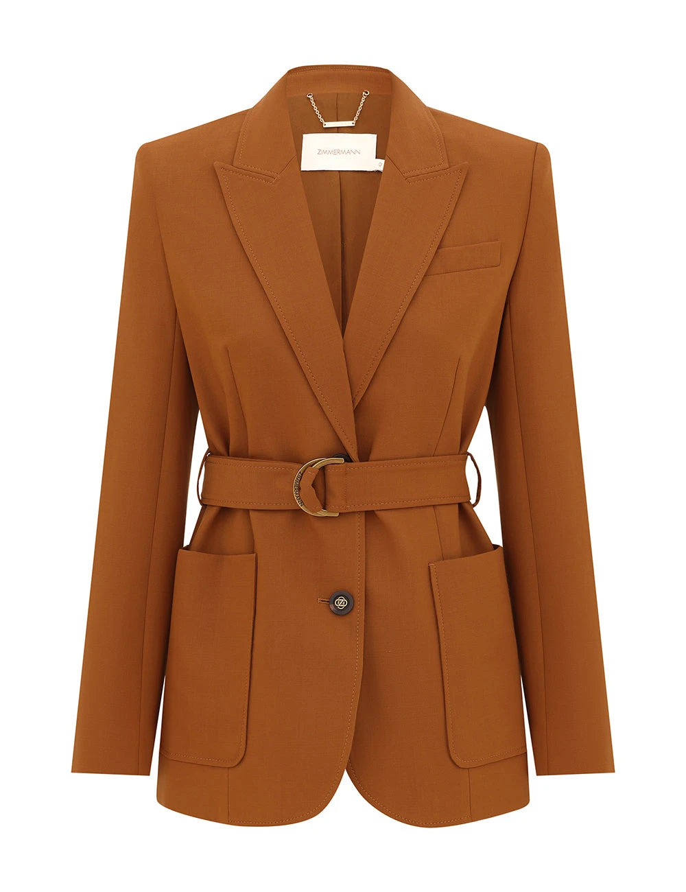 Zimmermann’s Valiant Wool Belted Blazer features notch lapels, front pockets, a single button closure, and a fabric belt with metal buckle for an elevated classic look.