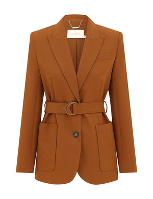 Zimmermann’s Valiant Wool Belted Blazer features notch lapels, front pockets, a single button closure, and a fabric belt with metal buckle for an elevated classic look.