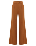 The Valiant Wool Flare Pant by Zimmermann is a high-waisted, wide-leg brown wool pant with front seams, single button waist, and flared hem on a white background.