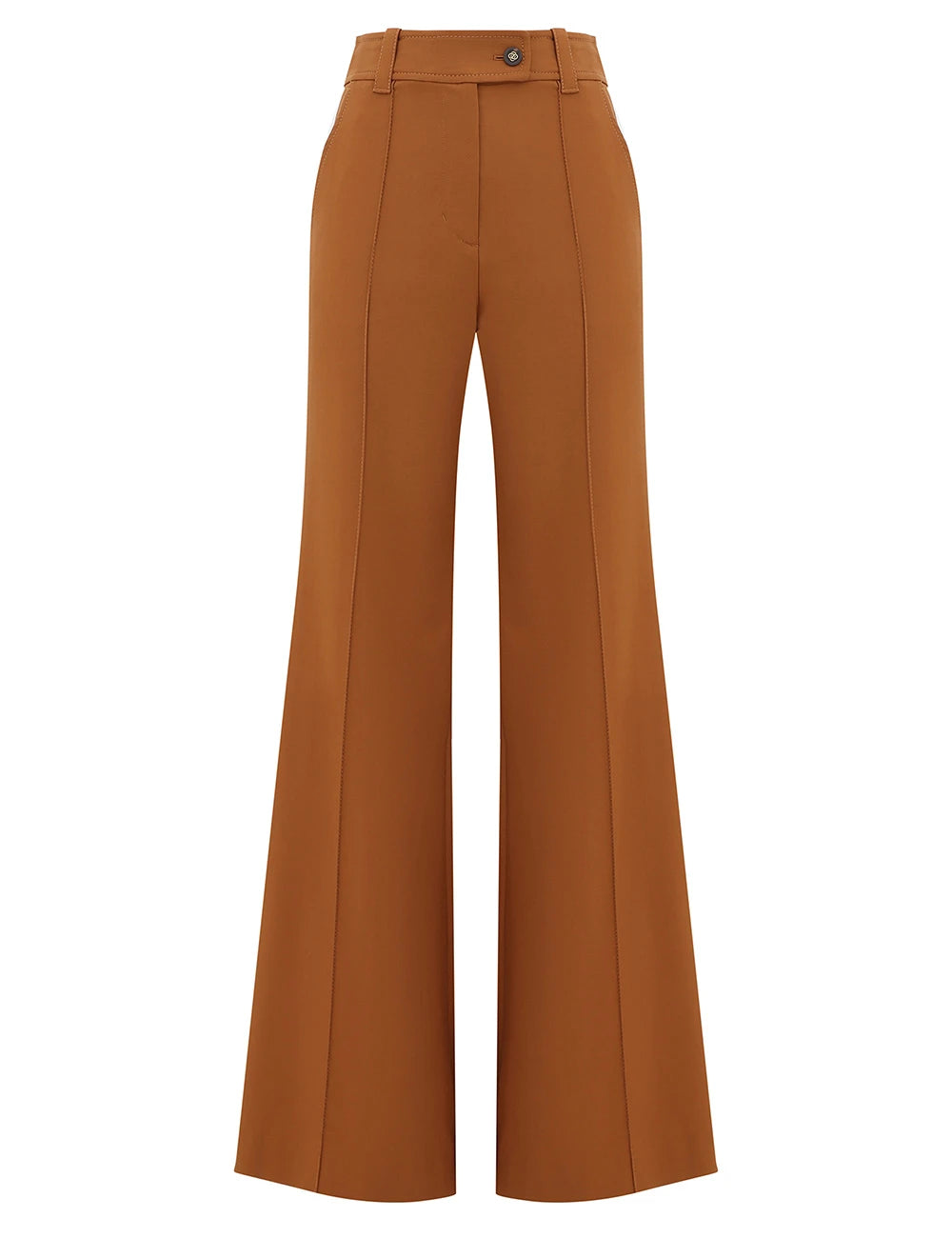 The Valiant Wool Flare Pant by Zimmermann is a high-waisted, wide-leg brown wool pant with front seams, single button waist, and flared hem on a white background.