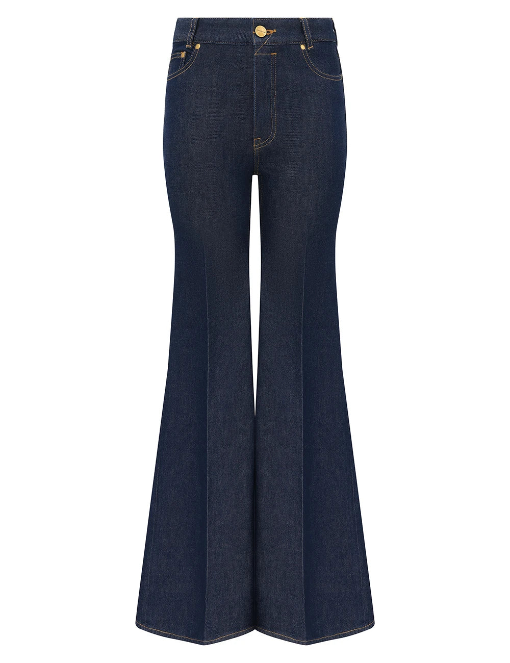 Zimmermann Slim Flare Jean in Harbour Blue denim with high waist, front and back pockets, and yellow stitching, shown on a white background.