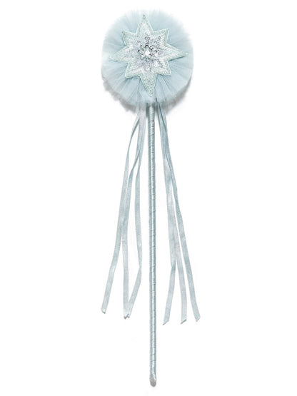 The Tutu du Monde Snow Queen Wand features a light blue star shape adorned with sequins, tulle, and flowing ribbon streamers on a wrapped handle—an enchanting accessory ideal for imaginative play or perfectly paired with the Snow Queen Tutu Dress. Displayed against a white background.