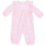 The Angel Dear Baby Girls’ Ruffle Sleeve Snap Romper showcases long sleeves, adorable ruffle shoulders, and a delicate all-over floral print in a soft light pink shade.