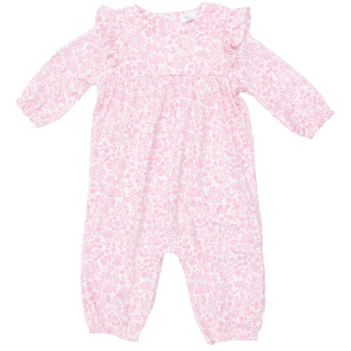 The Angel Dear Baby Girls’ Ruffle Sleeve Snap Romper showcases long sleeves, adorable ruffle shoulders, and a delicate all-over floral print in a soft light pink shade.