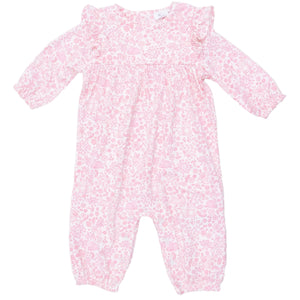 The Angel Dear Baby Girls’ Ruffle Sleeve Snap Romper showcases long sleeves, adorable ruffle shoulders, and a delicate all-over floral print in a soft light pink shade.