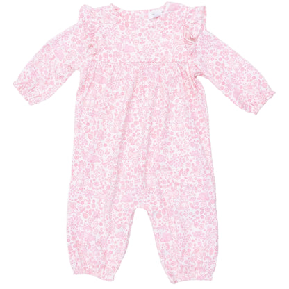 The Angel Dear Baby Girls’ Ruffle Sleeve Snap Romper showcases long sleeves, adorable ruffle shoulders, and a delicate all-over floral print in a soft light pink shade.