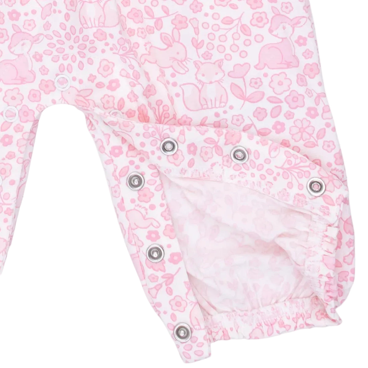 Pink baby pants featuring an adorable animal and flower print, displayed with one leg unsnapped to showcase convenient snap button closures along the inner seam—a charming match for the Angel Dear Baby Girls’ Ruffle Sleeve Snap Romper.