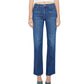 A person stands against a white background wearing Mother’s Kick It high-rise straight-leg jeans—crafted from recycled stretch denim with a 32-inch inseam—paired with a white cropped top and teal open-toed heels. Their hands rest relaxed at their sides, highlighting the jeans’ fit and length.